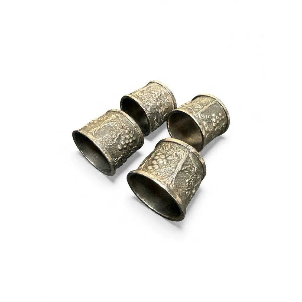 Set of 4 Vintage Silver Plated Heavy Napkin Rings Flowers Scroll Design Japan